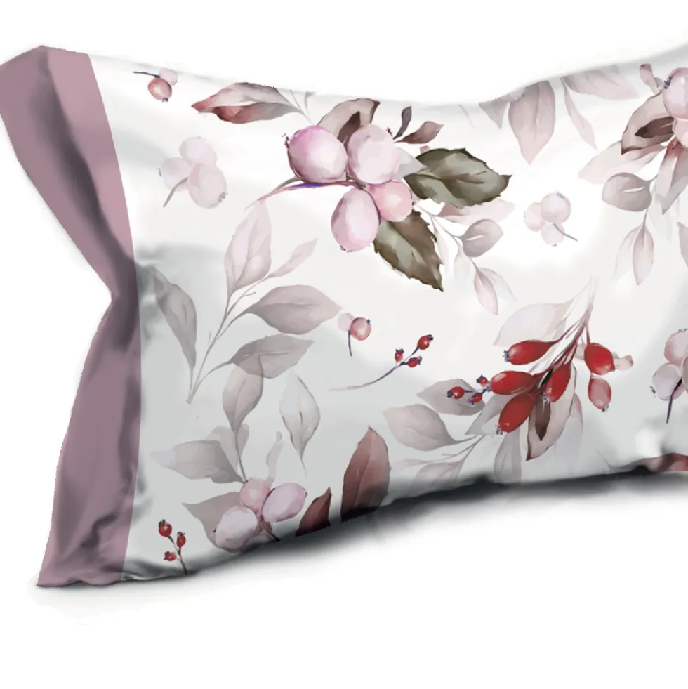 Completo lenzuola matrimoniali in cotone bianco a fiori malva