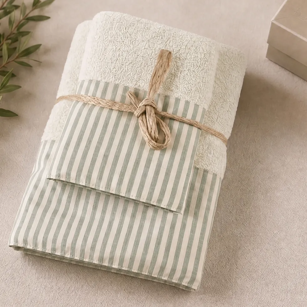 Coppia Asciugamani 1+1 panna con bordo a righe verdi stile Shabby