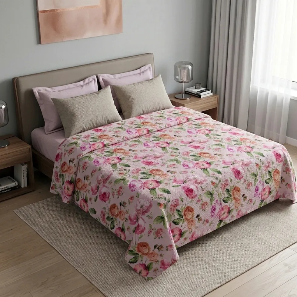 Copriletto Jacquard Floreale Matrimoniale a fiori rosa