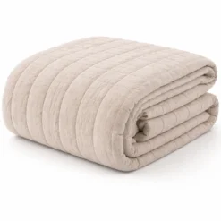 Copriletto Trapuntato Matrimoniale 260x260 Beige Effetto Lino Soft Touch