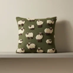 Cuscino in Lana Cotta 50x50 Pecorelle su Fondo Verde Stile Montagna
