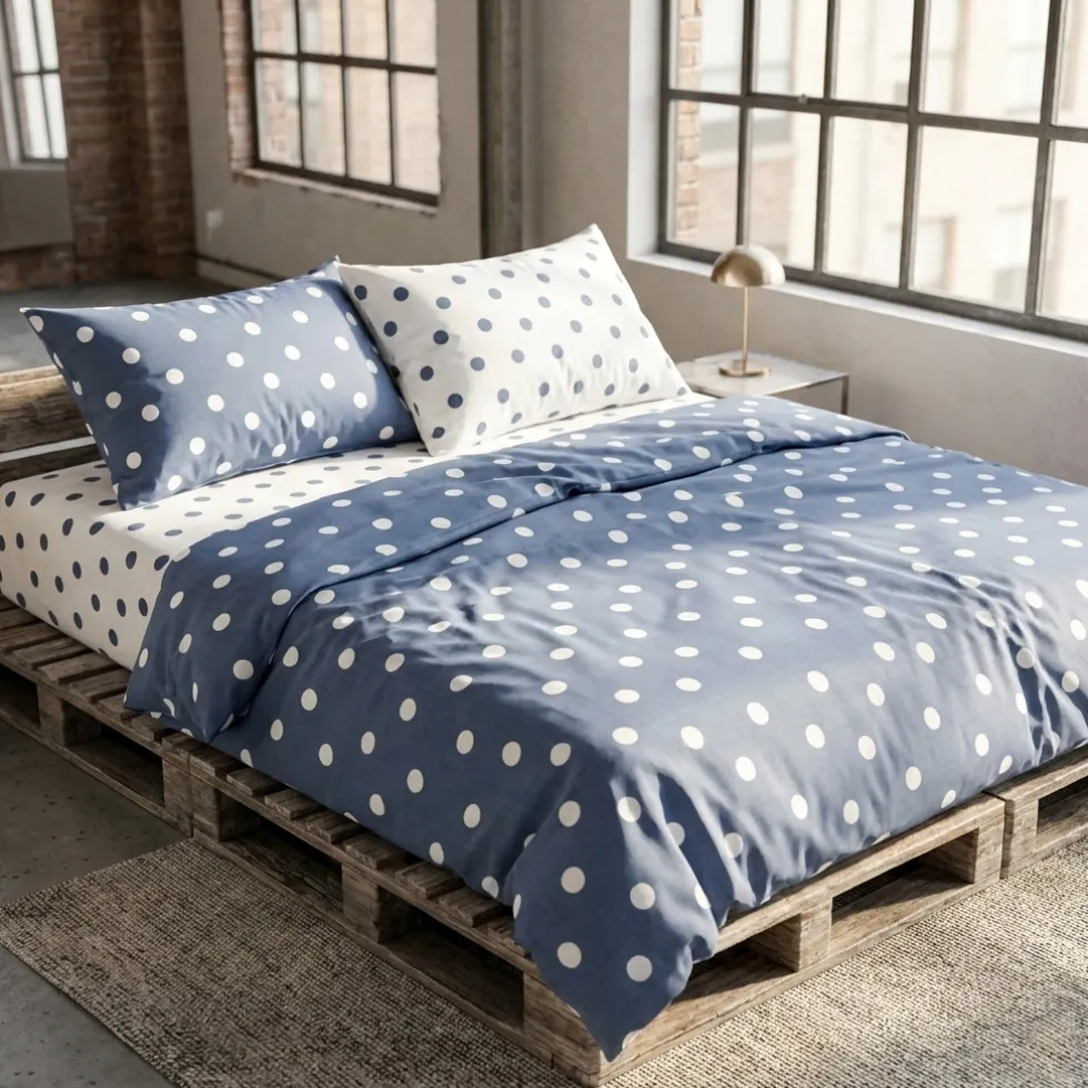 Lenzuola con balza a giorno Matrimoniali 100% Cotone - Pois Avio