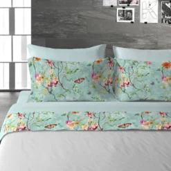 Lenzuola matrimoniali in cotone DIAMOND AGE Fiori e farfalle acqua