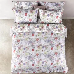 Parure copripiumino + federe matrimoniale in cotone floreale perla