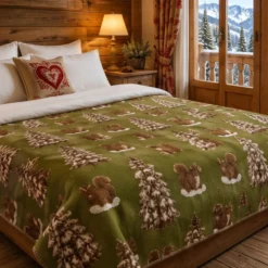 Plaid Montagna Lana Cotta Abeti e Scoiattoli fondo verde