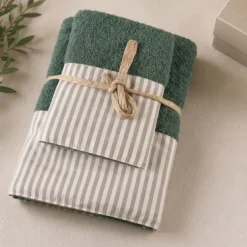 Set Asciugamani 1+1 verde a Righe | Stile Shabby e Romantico