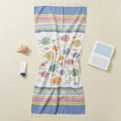 Telo Mare in Cotone Fouta spiaggia con Frange 100x200 cm Pesci Impronte